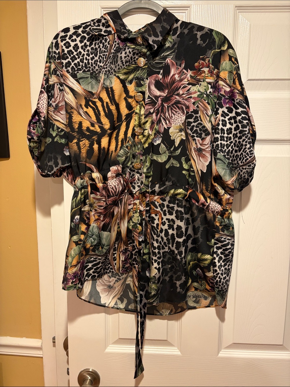River Island Black Floral & Animal Print Button-Down Blouse